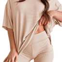 Womens 2 Piece Lounge Set 2026 Summer Travel Outfit Casual Short Sleeve Oversized Tshirts & Biker Shorts (Beige, S)