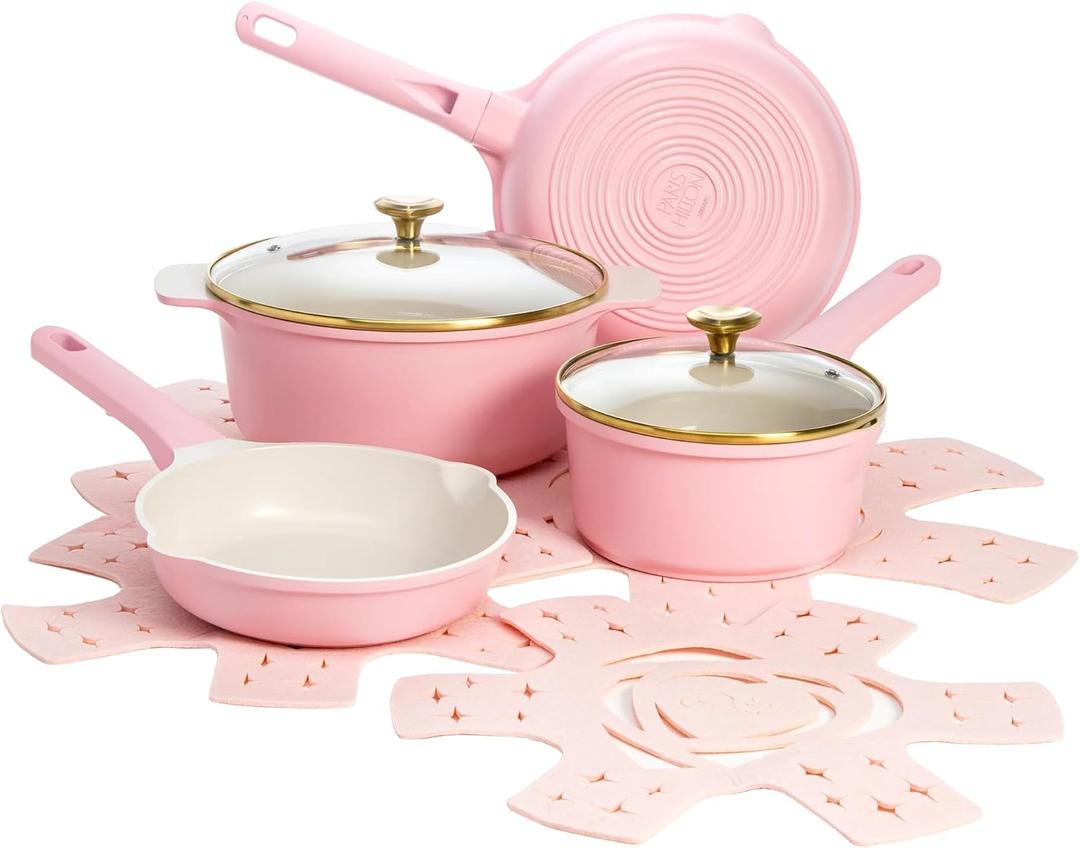 Pariis Hilton Clean Ceramic Nonstick Cast Aluminum Cookware Set with Heart Shaped Lid Knobs, Stay-Cool Handles, Made without PFAS, PFOA, PFOS & PTFE, 10-Piece, Pink