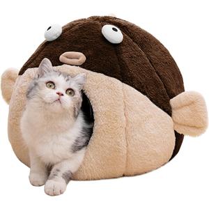 Cat Beds for Indoor Cats - Cat Bed Cave with Removable Washable Cushioned Pillow, Soft Plush Premium Cotton No Deformation Pet Bed, Lively Pufferfish cat House Design, Brown, Multiple Sizes (L 16.5'') Cat Beds for Indoor Cats - Cat Bed Cave with Removable Washable Cushioned Pillow, Soft Plush Premium Cotton No Deformation Pet Bed, Lively Pufferfish cat House Design, Brown, Multiple Sizes (L 16.5'')
