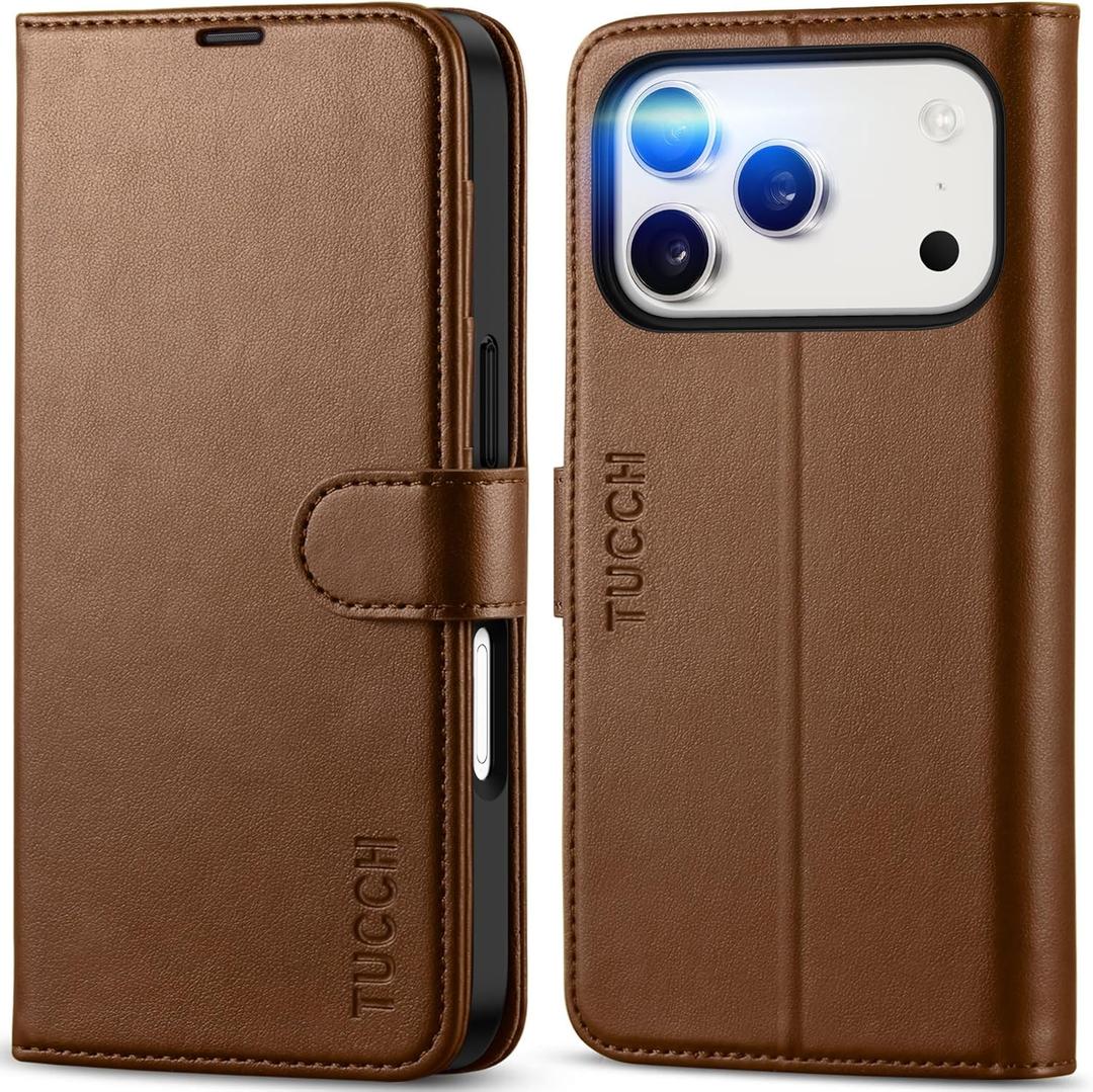 TUCCH Wallet Case for iPhone 17 Pro (6.3") 2025, 4 Card Slots | RFID Blocking | Stand | PU Leather | Magnetic Closure | Protective Flip Folio Cover | Shockproof TPU Shell | Brown
