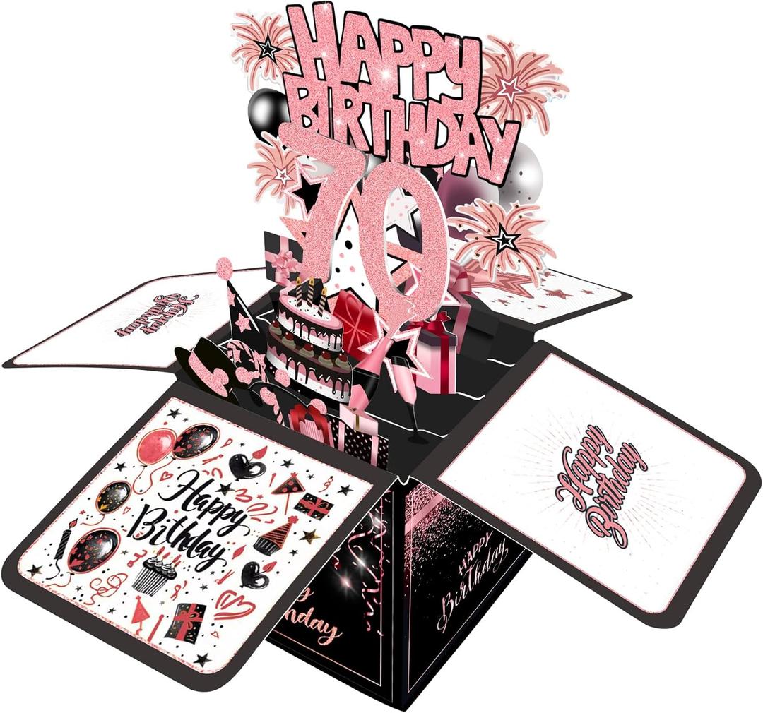Joycard 70th Birthday Card, 70th Birthday Decorations for Women, Happy Birthday 3D Cards for 70 Year Old Grandma, Birthday Gift Box for Mother (Pink)
