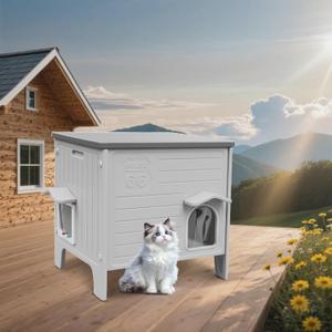 Weatherproof Outdoor Insulated Cat House for Feral Cat, Plastic Elevated Cat Shelter with Escape Door, Easy Assemble, Expansive Interior, Grey 27.0" L x 27.0" W x 21.0" H
