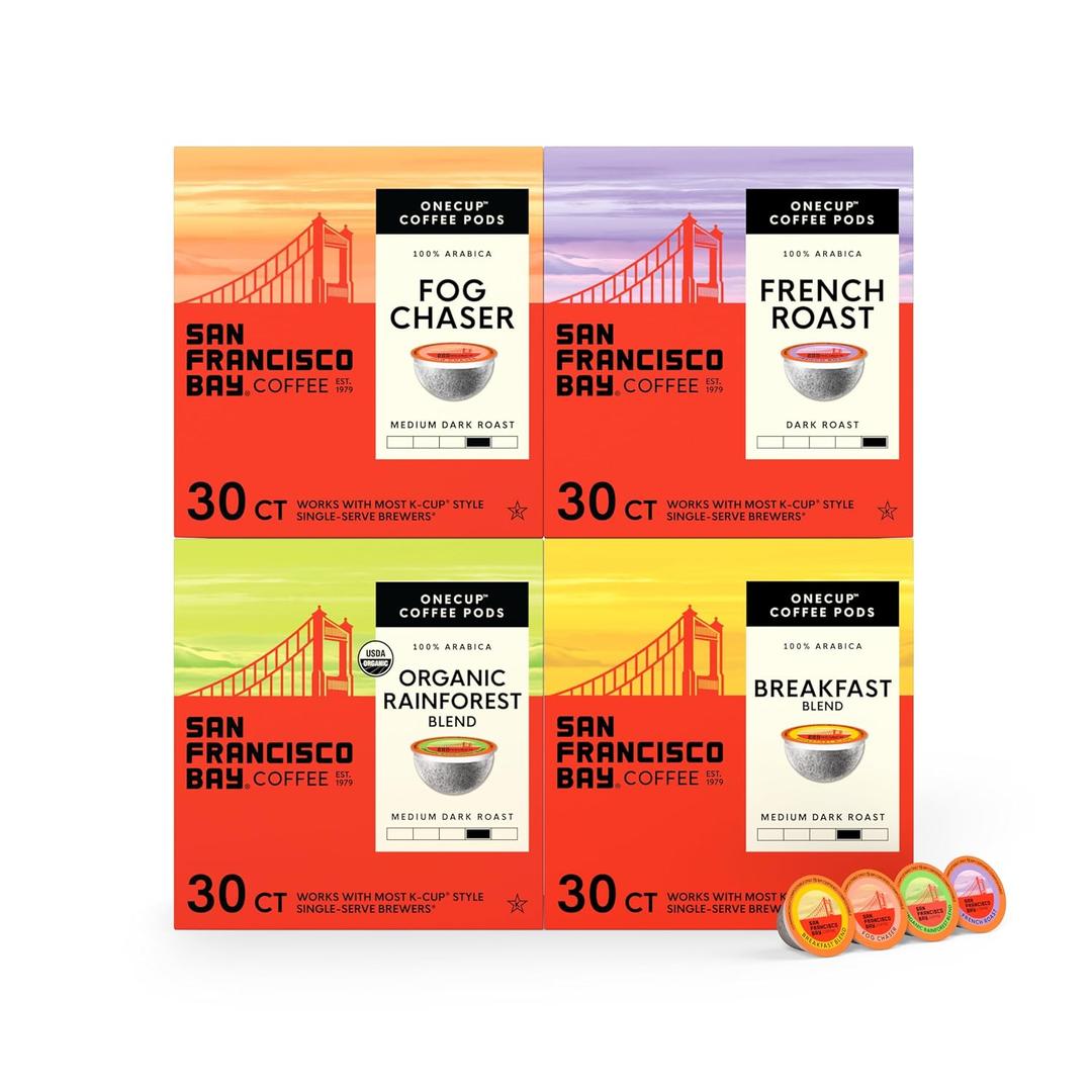 San Francisco Bay K-Cup Coffee Pods Favorite Four Variety Pack (120 ct), Includes French Roast, Fog Chaser, Organic Rainforest, & Breakfast Blend, Commercially Compostable Single-Serve Coffee Pods, Best By 25 March 2027