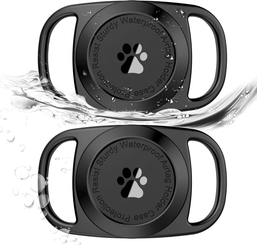 2 x Airtag Dog Collar Holder, [2 Pack], Waterproof Protective Case for Apple AirTag, Durable & Lightweight with Full-Body Protection, Soft Silicone, Black