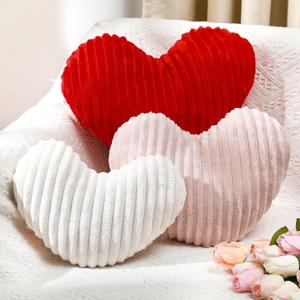 3 Pcs Valentine's Day Heart Pillows Ribbed Heart Shaped Throw Pillows Large Love Heart Pillows Red Ivory and Pink Heart Pillows for Women Girls Couch Bed Sofa Valentine's Day Gift Decor