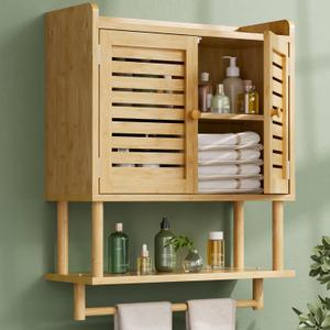 AmazerBath Bathroom Wall Cabinets, Large Bamboo Medicine Cabinets with Towel Bar, Hanging Over Toilet Storage Organizer Cabinet with Adjustable Shelves for Small Spaces, 8.3x21.3x26.6 Inches (Natural With Striped Door)