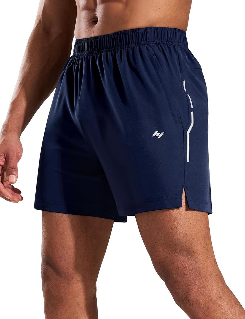 MIER Mens 5 Inch Athletic Running Shorts Quick Dry Lightweight Workout Gym Training Active Reflective Shorts,3 Zipper Pockets (Blue, M)