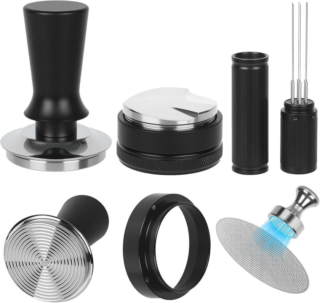 53mm Espresso Accessories Kit Spring-Loaded Espresso Tamper, WDT Tool, Coffee Distributor, Magnetic Dosing Funnel, Puck Screen with Remover Premium Stainless Steel & Aluminum Espresso Tools