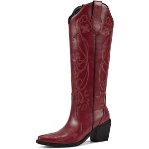 wetkiss Cowboy Boots for Women Knee High Cowgirl Boots, Western Boots with Floral Embroidered Pointed Toe Chunky Heel Pull On Retro Vintage Classic Tall Boots for Ladies 7.5