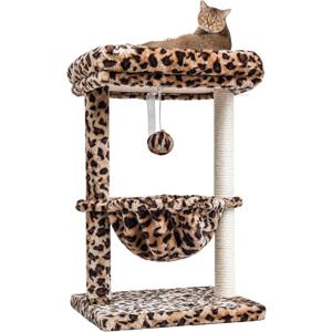 SYANDLVY Small Cat Tree for Indoor Cats, Unique Cheetah Leopard Print Cat Tree Tower for Kitties, Condo Furniture with Hammock & Sisal Scratching Posts