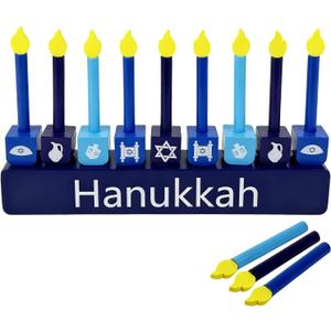 LipLopBest Wooden Menorah Hanukkah Candles - Colorful Chanukah Menorah for Kids Hanukkah Gifts with Removable Wooden Candles - Menorahs Decorations Jewish Holiday Party Favors (Blue)