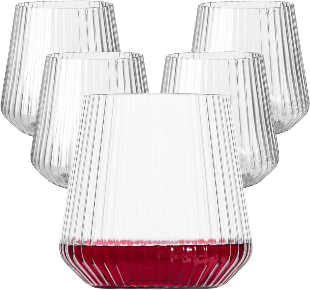 Lueumxc 20 Pack Plastic Ribbed Wine Glasses, 14Oz Origami Disposable Wine Glasses Unbreakable Clear Plastic Cocktail Glasses Recyclable Shatterproof Reusable Wine Cups
