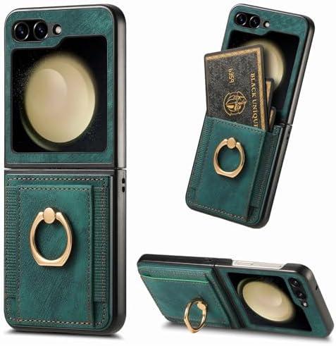 Asuwish Compatible with Samsung Galaxy Z Flip 5 5G 2023 Wallet Case and Card Slot Full Body Protective Case Metal Ring Holder Stand Kickstand Cell Phone Cover for ZFlip5 Z5 G Flip5 5Z Women Men Green