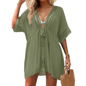 Women Swimsuit Cover Up 3/4 Bell Sleeve Boho Bathing Suit Coverups Hollow Out Kimonos Cardigans for Swimwear, Medium