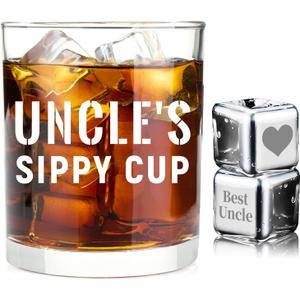 Uncle's Sippy Cup Engraved Whiskey Glass with 2 Engraved Ice Cube for Newly Promoted or New Uncle Father's Day Birthday Gift