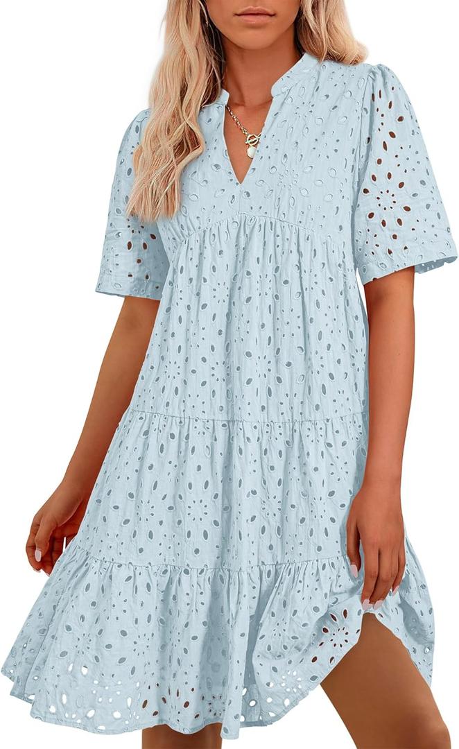 BTFBM Womens Boho Summer Dresses 2026 Spring V Neck Short Sleeve Hollow Out Lace Ruffle Casual Beach Mini Vacation Dress (M)