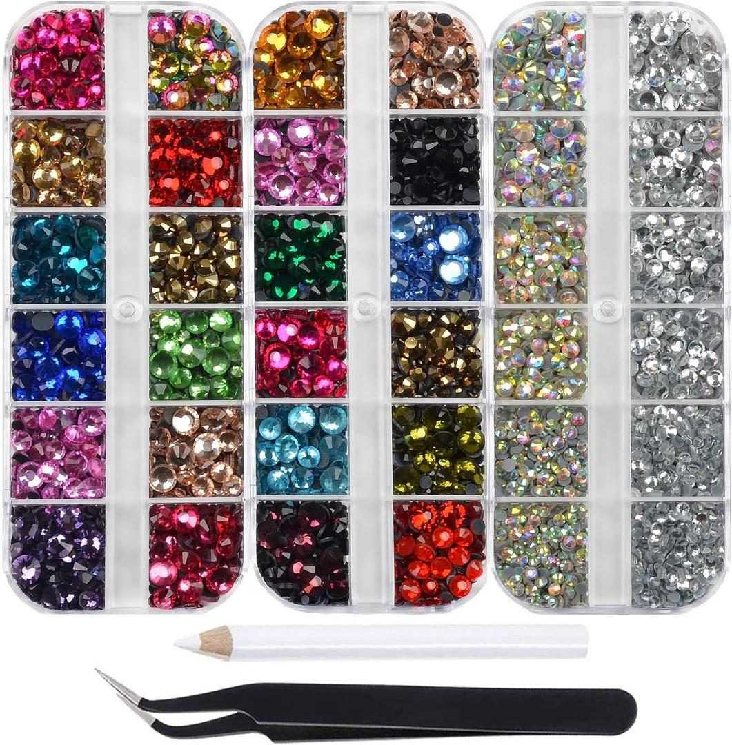 Massive Beads 6500pcs+ Flatback Glass Hotfix Iron On Rhinestones Crystal for DIY Making with Tweezer & Picking Pen for Shoes, Clothes, Face Art, Bags, Manicure (2+20Multi-Colors,3&5-Sizes,2&20-colors)