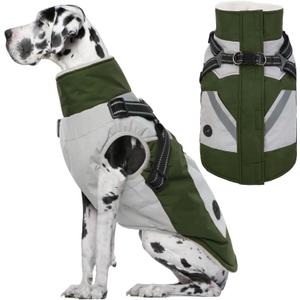 IECOii Large Dog Coat with Harness Built in, Reflective Waterproof Dog Coat for Giant Breeds - Zip Up Fleece Jacket for Dogs, Great Dane Winter Coats Warm Snowsuit for Cold Weather, Green, 4XL (XXXX-Large(Chest:47.24 in))