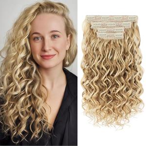 Curly Clip In Hair Extensions, 4PCS 16 Inch Dark Blonde with Highlights Extensions Clip Ins, Lace Weft Short Curly Invisible Natural Hairpieces for Women