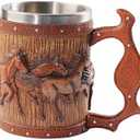 Wooden Barrel Beer Mug, 20oz Stainless Steel Horse Mug Coffee Cup Horses Gifts for Women Men Gift for Birthday Christmas, Gothic Decor Party Decoration Drinkware Gift