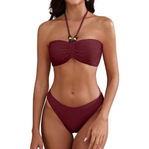 ZAFUL Women's Halter Bandeau Bikini Beaded Tie Back String Bikini Set Push Up Two Piece Swimsuit Bathing Suits (Medium, Red16)