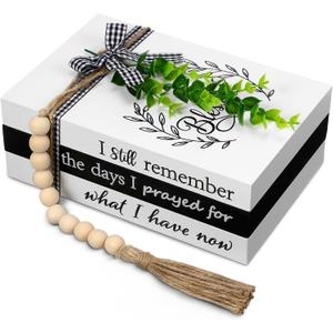 Capoda 3 Pcs Decorative Books for Home Decor Farmhouse Faux Stacked Books Wooden Rustic Table Decor with Bead Garland Twine Ribbon Faux Leaf for Table(Remember)