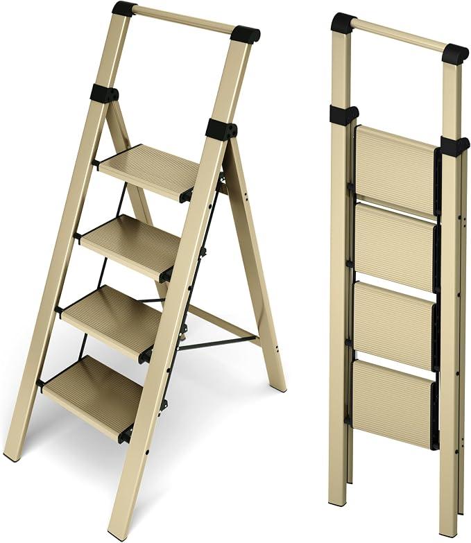 HillhutApex Aluminum 4 Step Ladder, Step Stool Foldable Ladder(Gold)