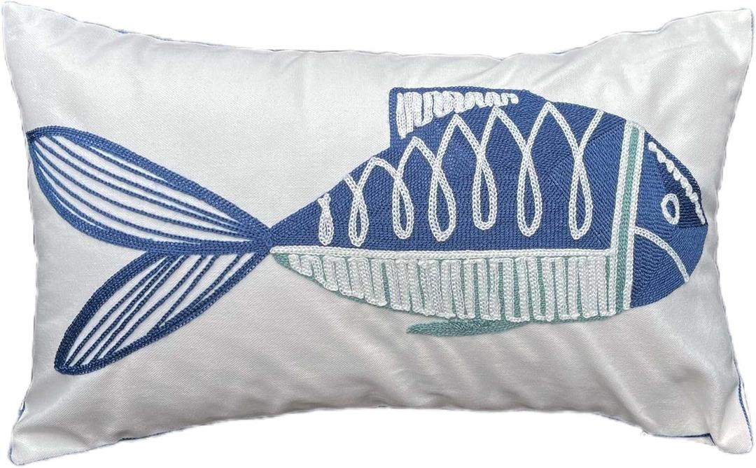 Embroidered Navy Fish Decor Pillow Cover,12X20 inches Decorative Canvas Pillow Cover with Nautical Navy Fish Pattern