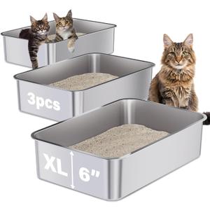 Stainless Steel Litter Box 3 Pack, 23.6" X 15.7" X 6" Extra Large Cat Litterbox No Smell, XL Metal Litter Box for Big Kitty, Multiple Cats, Non Stick, Easy Cleaning