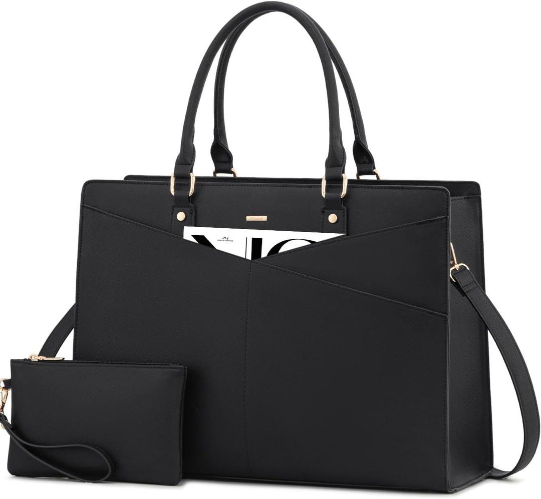 LOVEVOOK Laptop Tote Bag for Women, Leather Business Office Work Bag Computer Briefcase with Small Clutch fit for 15.6 Inch Laptop,Black (17.3 inch)