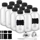 2oz Small Clear Glass Bottles with Lids, 2 Stainless Steel Funnel, 12 Labels,1 Brush - 60ml Reusable Boston Bottle for Juice, Ginger Shot, Wellness, Oils, Whiskey, Liquids - Leakproof Travel Bottle