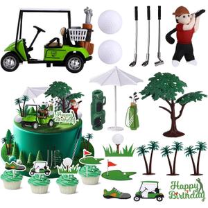 RAYNAG 19 Pieces Golf Cake Topper Birthday Decorations Party Supplies With Clay Figurine Cart Sun Umbrella Ball Green Tree for Themed Cake Decorations Party Favors