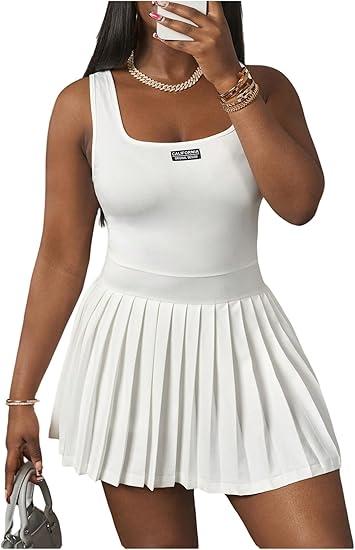 Women's Plus Size Pleated A Line Mini Dresses Letter Square Neck Sleeveless Tennis Tank Dress M