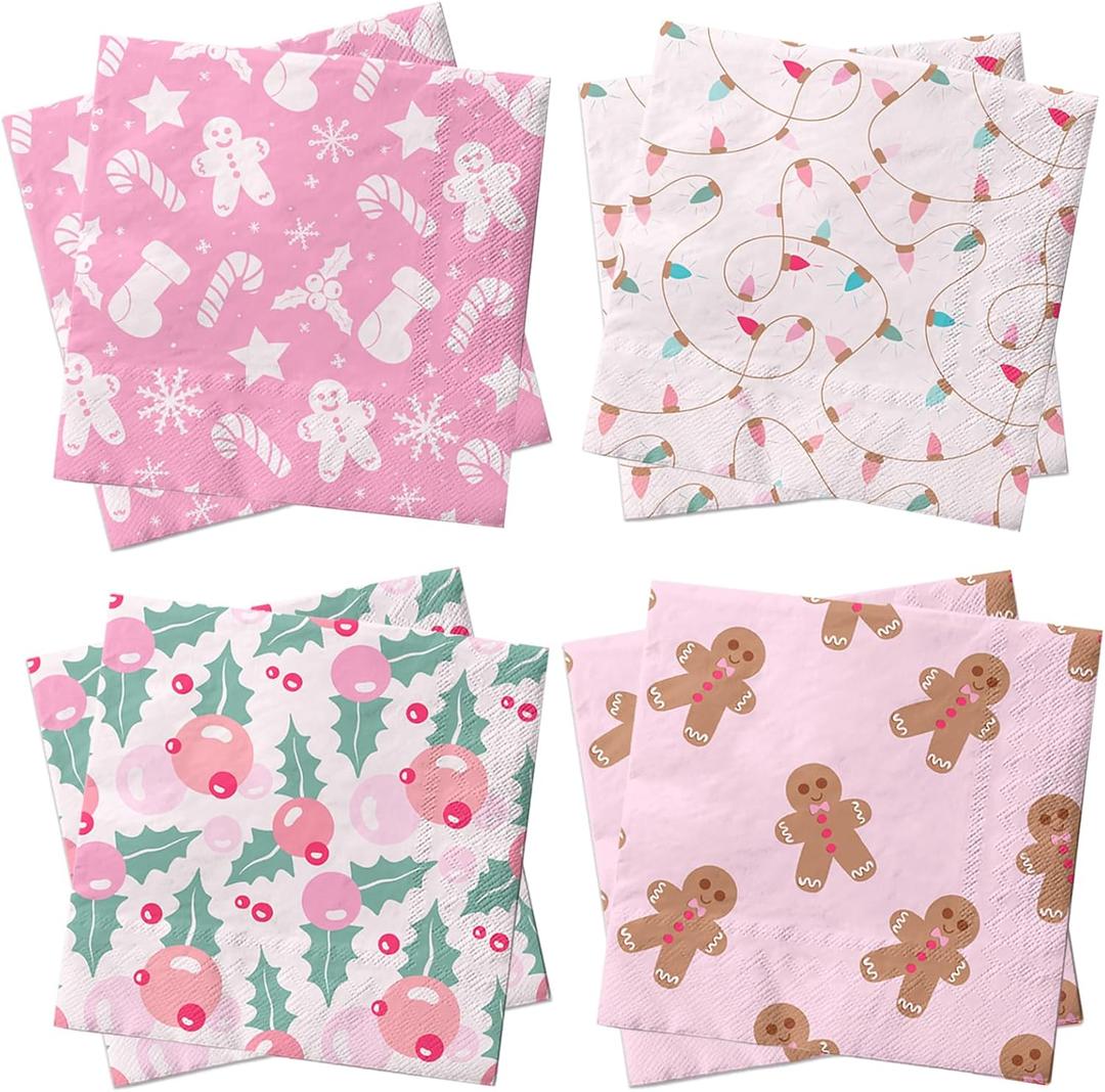 2 x 40Pcs Christmas Napkins,Christmas Party Supplies Pink Xmas Paper Napkins Funny Party Napkins for Winter Xmas Holiday Decorations