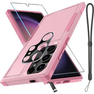 Case for Samsung Galaxy S25 Ultra, Full Body Heavy Duty Rugged Shockproof Protective Phone Cover with Lanyard Strap, Tempered Glass Screen Protector and Camera Lens Cover, Cute Pink