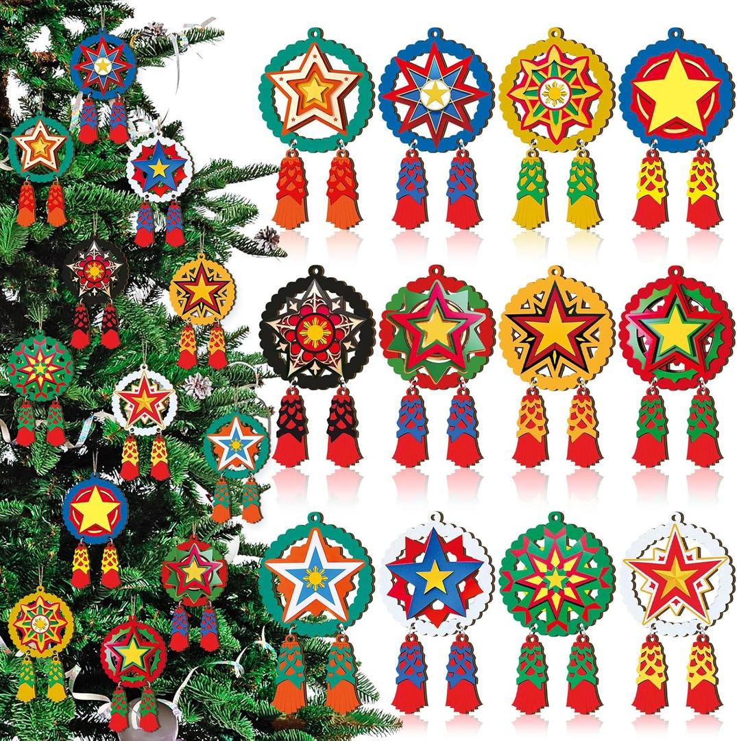 Syhood 24 Pcs Philippine Christmas Tree Parol Ornament Christmas Mini Parol Wooden Hanging Ornaments Philippine Gift Traditional Capiz Star Decor for Home Window Holiday Xmas Tree (Classic)