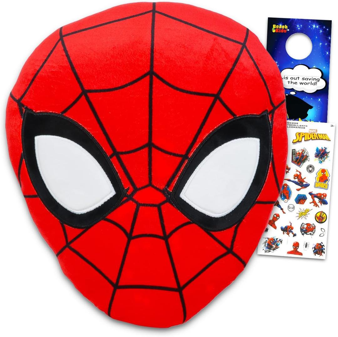 Spiderman Plush Pillow for Kids - Bundle with Decorative Spiderman Pillow for Bedroom, Bed, Couch, and More Plus Stickers | Spiderman Room Decor for Boys