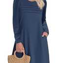 Wenrine Womens Pleated Front Mini Dress Long Sleeve Loose Fit A Line Fall Casual T Shirt Dresses with Pockets Navy, Medium