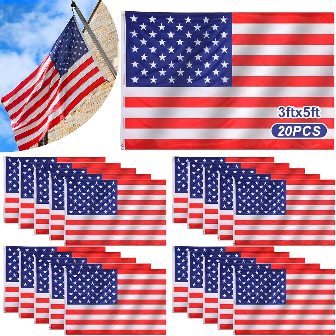 Tradder 20 Pieces 3x5 ft American Flags Bulk for 250th Anniversary Waterproof Polyester Us Flags with Grommets Double Stitched for Independence Day Outdoor Porch Parade