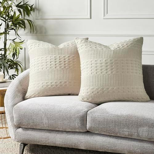 VHC Brands 100% Cotton Waffle Weave Natural Pillow Cover Set of 2 24x24, Decorative Throw Pillow Covers/Shams, Boho Farmhouse Bedroom, Living Room Decor