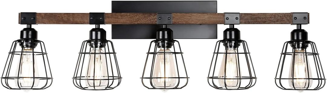 5 Lights Modern Wall Lighting Over Mirror,Bathroom Vanity Light Fixtures,Farmhouse Black Wood Metal Cage Industrial Wall Sconce