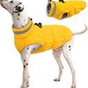 FUAMEY Dog Coat for Large Dogs,Waterproof Dog Winter Jacket with Harness Built in Puppy Cold Weather Coats Reflective Pet Vest with Zipper Warm Fleece Dogs Snowsuit Windproof Yellow L