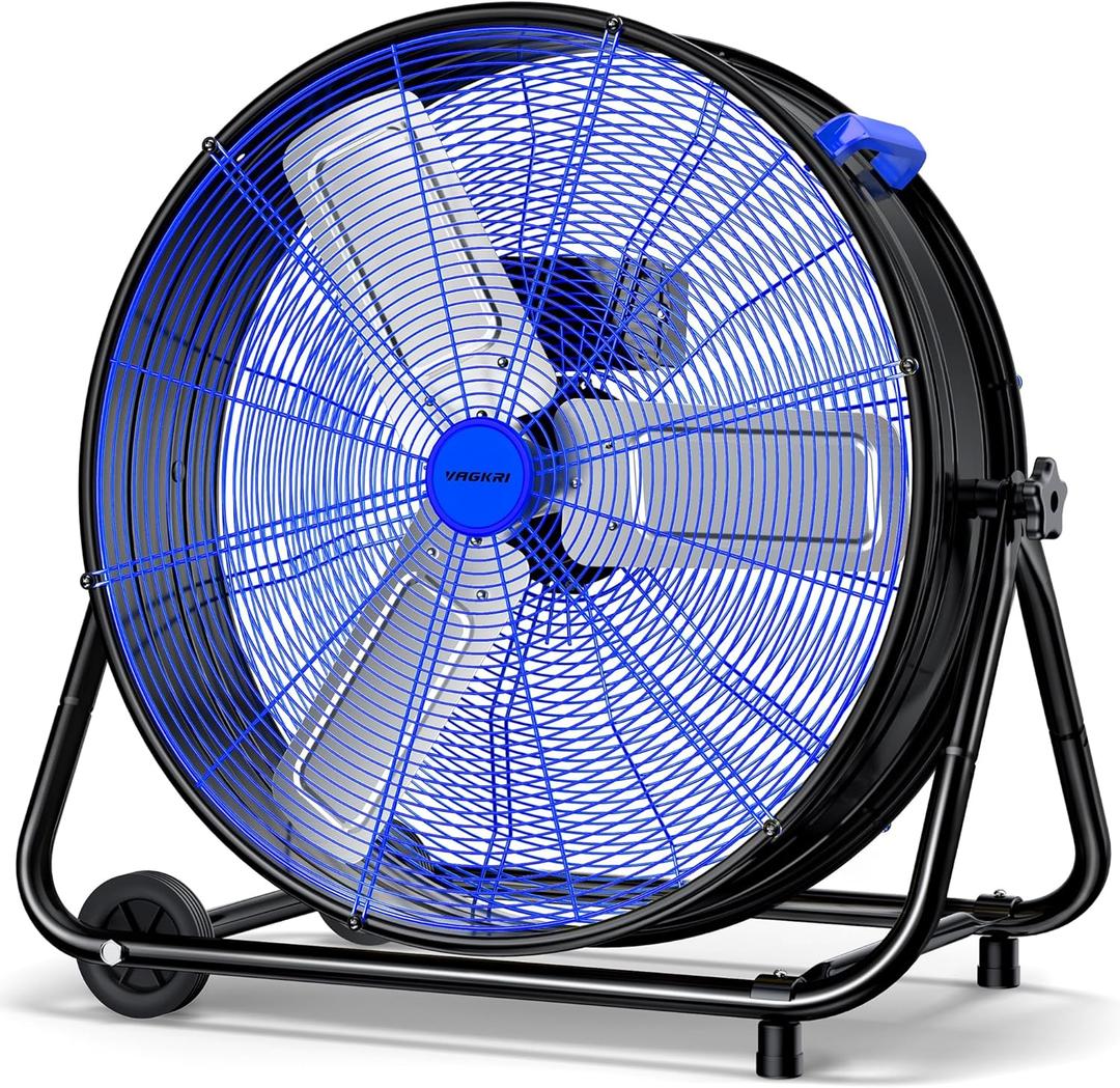 VAGKRI 24 Inch Industrial Drum Fan, 320W High Velocity Floor Fan, 3 Speed Heavy Duty Metal Air Circulator, 360 Tilt with Casters Handle ETL Standard for Patios, Warehouse, Commercial,Basement (Blue)
