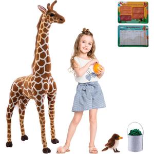 47" Large Giraffe Stuffed Animal Set, Giant Giraffe Plush Toys with Birds, Leaves, Basket, Tall Giraffe Toy Standing Lifelike, Gift for Kids Nursery Baby Shower Party