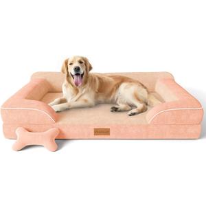 CWAWZ Extra Large Dog Bed, Orthopedic Dog Bed with Cooling Gel Memory Foam, Waterproof XL Pet Bed with Removable Washable Cover, 42" Pet Sofa Couch Dutch Velvet with Bone Toy, Peach Pink
