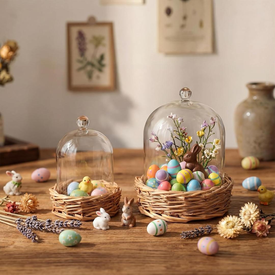 2 Pack Clear Cloche Glass Dome with Woven Rattan Base Display Cloche Bell Shape Dome for Antique Collectibles Specimens Dustproof Home Decoration, 5.1" & 3.5" Wide