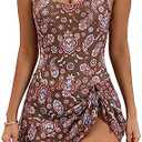 Eomenie One Piece Swimdress Swimsuits for Women Tummy Control Swim Dresses Skirt Bathing Suit, Brown Floral Printed, Size L