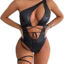 Womens Rave Wear One Piece Bodysuit Snakeskin Print Sexy Leg Rings Swimsuit for Festival Dance Rave Clothing (Small, Singleshoulder Black)