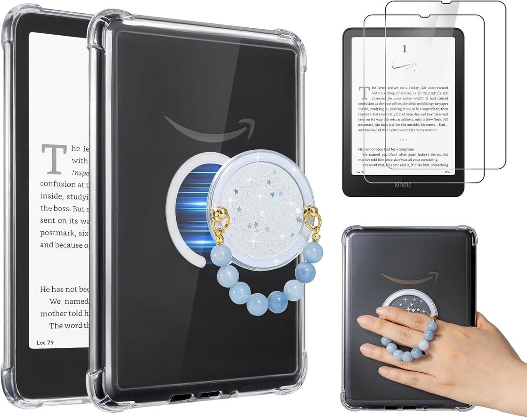 CoBak 3 in 1 Magnetic Clear Case with Ring Grip & Anti-Glare Screen Protector for 7" Kindle Paperwhite 2024 (12th Gen) & Colorsoft, Compatible with iPhone MagSafe, for Belkin/Anker Wireless Charging (Blue)