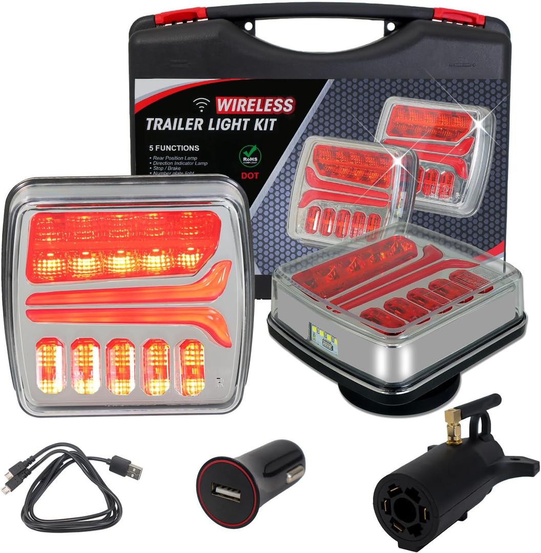 Magnetic Wireless Trailer Lights, Rechargeable LED Trailer Light for Towing Truck, Waterproof Tail Tow Lights Kit for RV Camper Boat Caravan, Portable Turn Signal Brake Running Stop (Black)